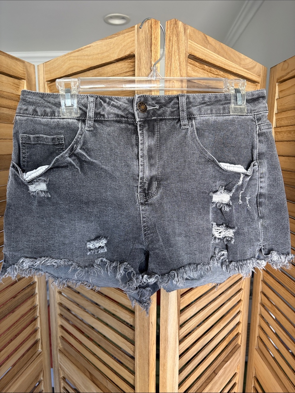 High-Rise Distressed Gray Denim Jean Shorts